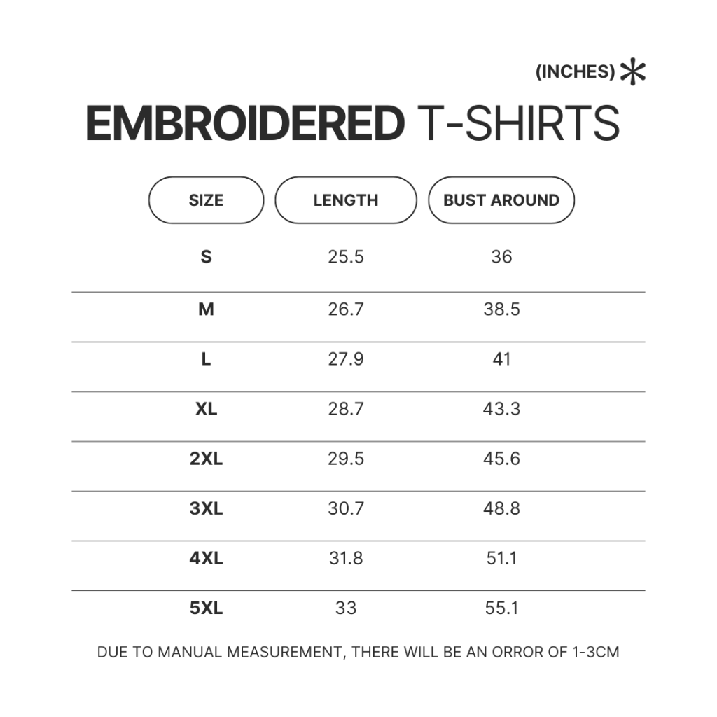 Embroidered T shirt Size Chart - Fitness Gifts Store