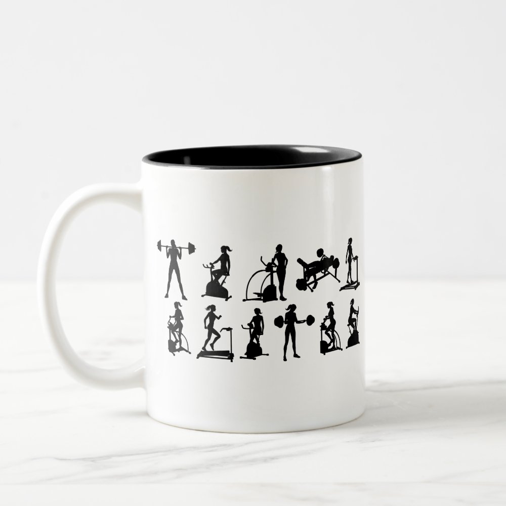 gym fitness equipment woman silhouettes set two tone coffee mug - Fitness Gifts Store