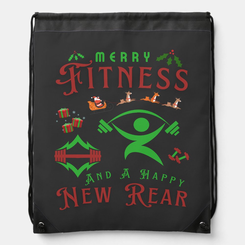 merry fitness and a happy new rear gym christmas drawstring bag - Fitness Gifts Store