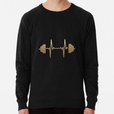 Fitness Is Lifestyle Gold Stylish Barbell With Heartbeat Sweatshirt Official Fitness Merch