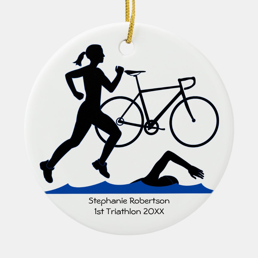 triathlon female keepsake in blue ceramic ornament - Fitness Gifts Store